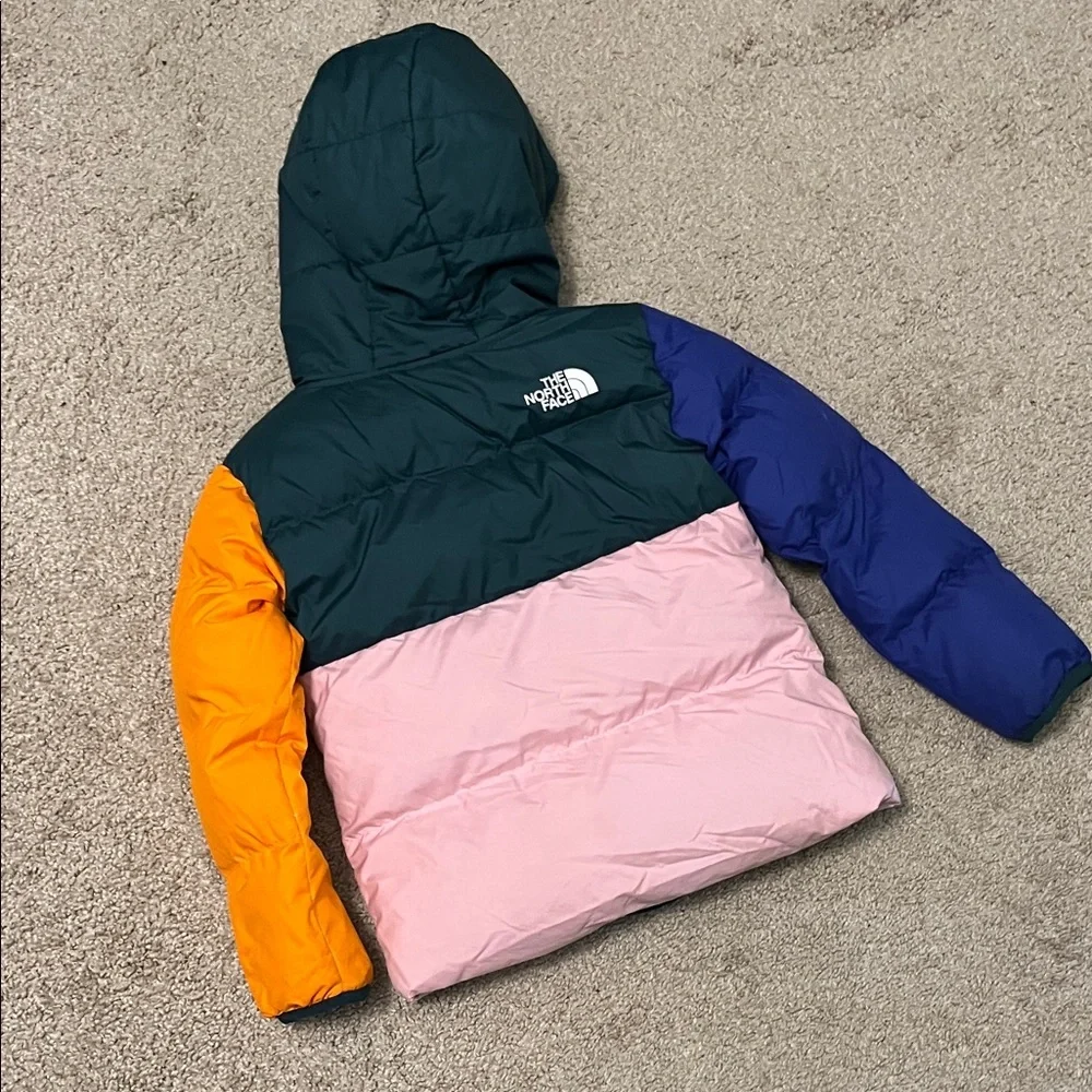 The North Face Colorblock Hooded Puffer Jacket - Green/Pink/Orange/Purple 3T